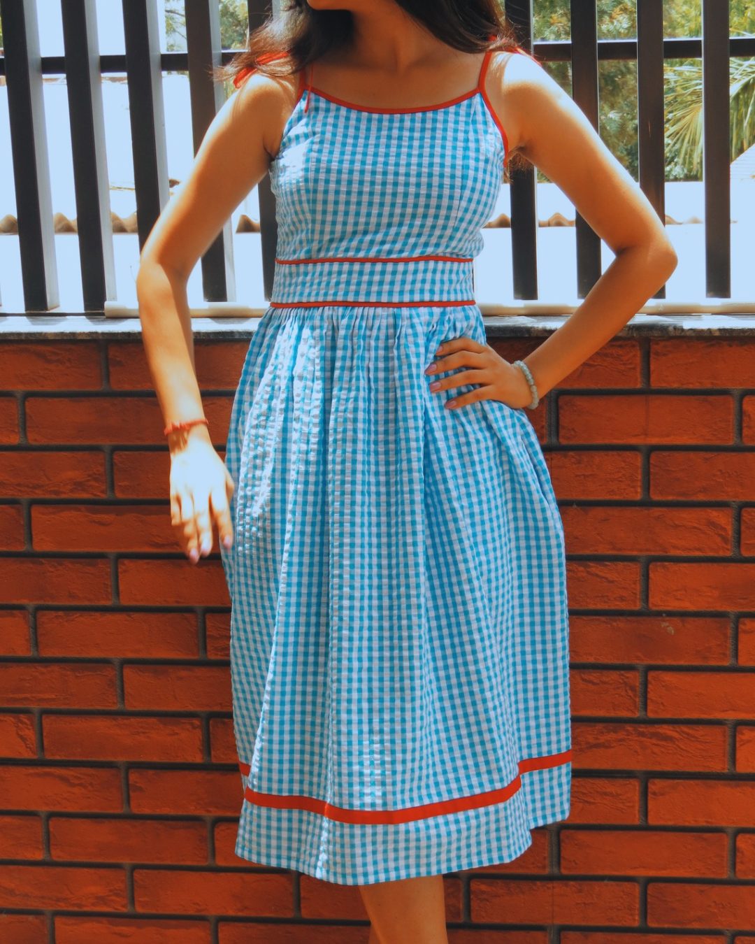Full length view of the blue gingham dress