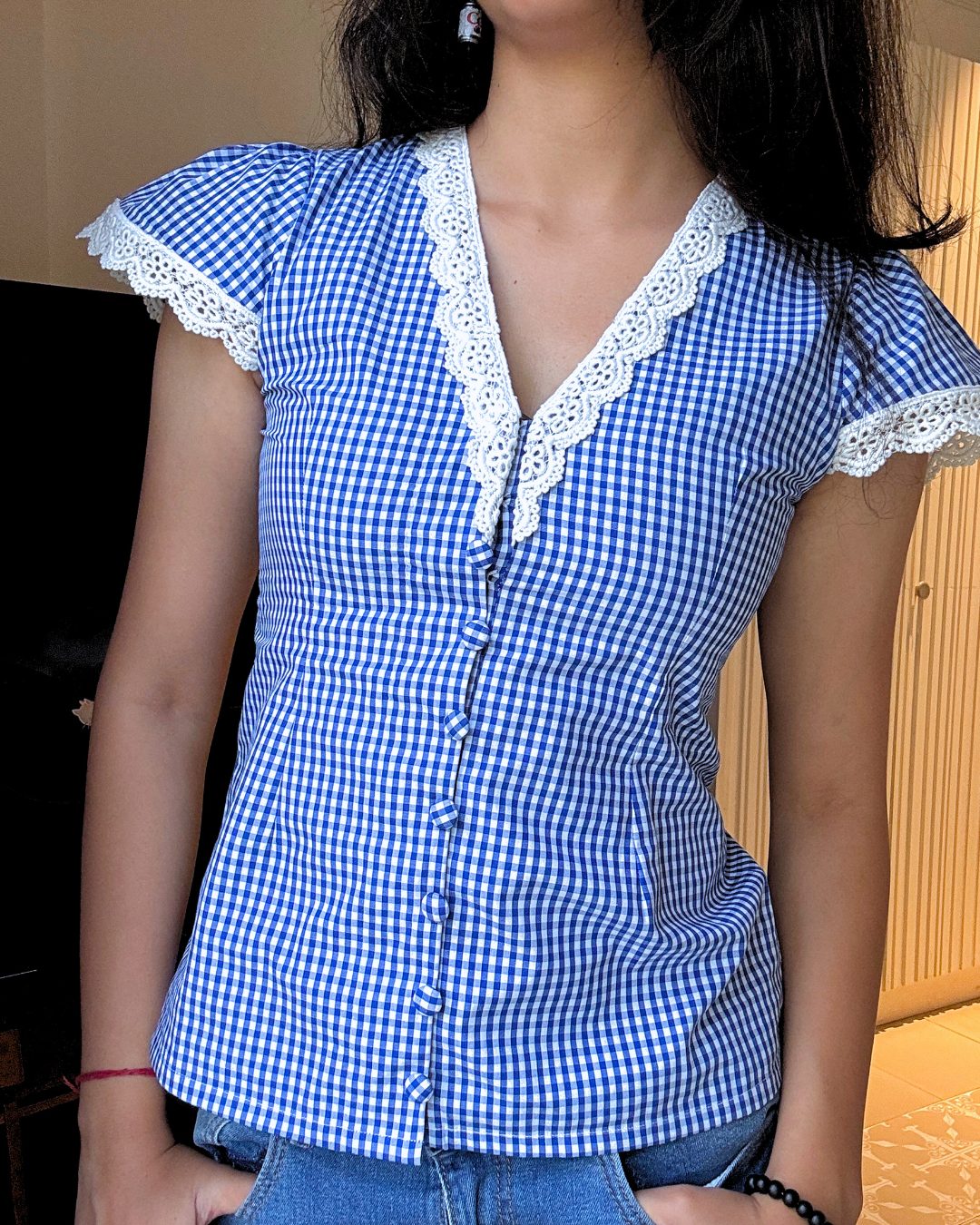 Blue gingham Syahi top with lace collar